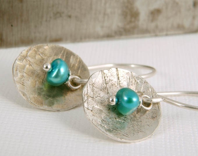 Hammered Sterling Silver Dangle Earrings Blue Pearl Handmade Jewelry Gifts for Her Under 25