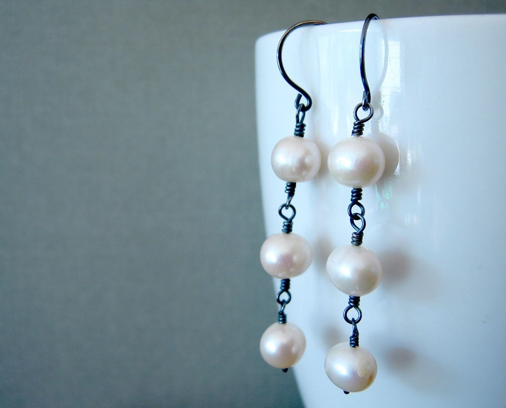 pearl earrings - white freshwater pearls on sterling silver - pearl three
