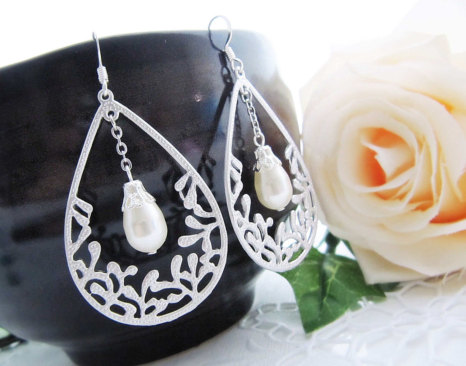 Matt rodium plated oriental floral tear drop shape charm with Cream Swarovski Pearl Tear Drops Bridal Bridesmaid Earrings