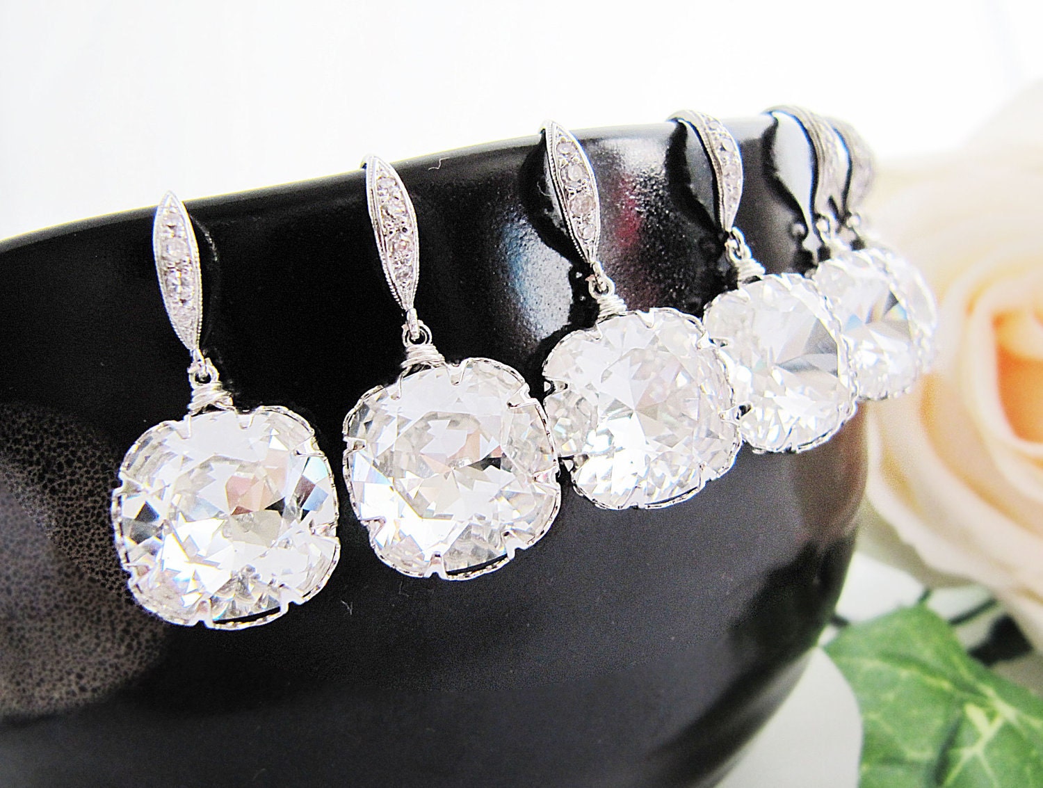 15% OFF SET of 10 Wedding Jewelry Bridal Earrings Bridesmaid Earrings Clear White Swarovski Crystal Square drops Earrings Bridal Jewelry