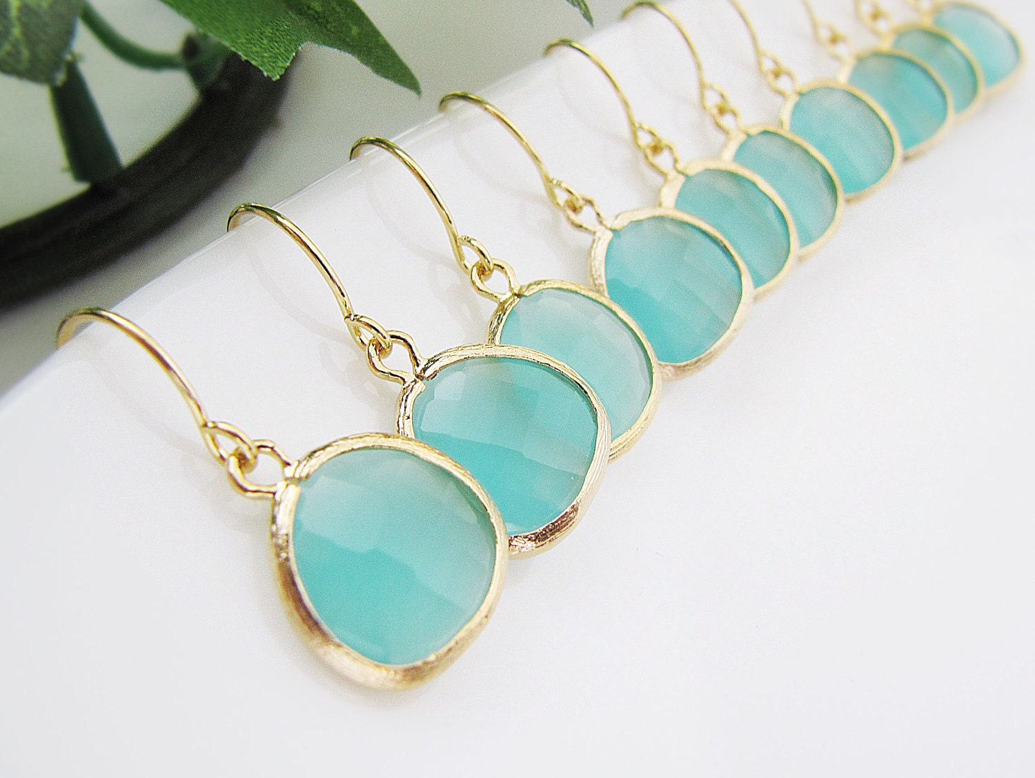 10% OFF SET of 5 Wedding Jewelry Bridal Earrings Bridesmaid Earrings Mint Opal Sea Foam Glass Matte Gold Trimmed Earrings Bridesmaid Gifts