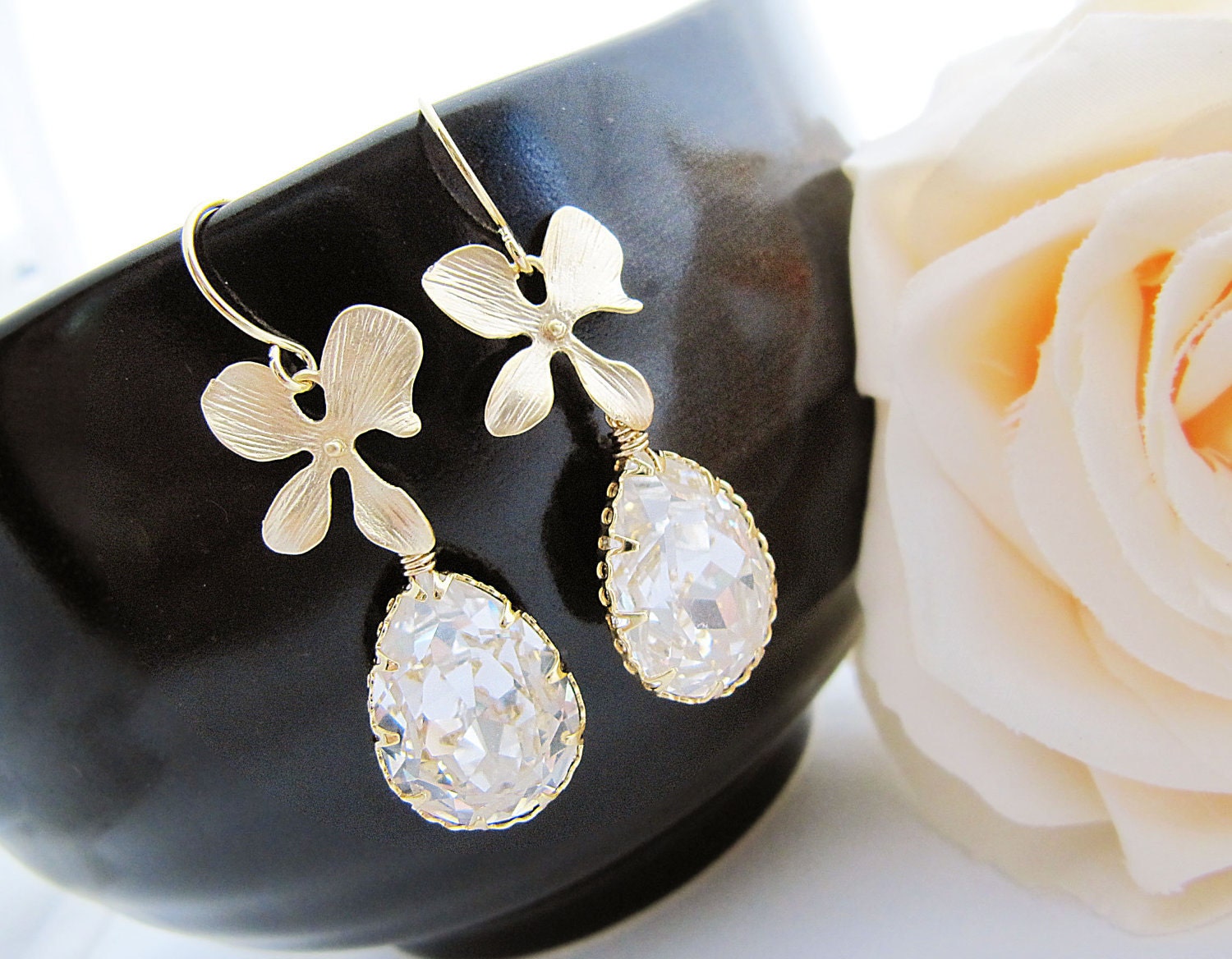 Bridal Earrings Bridesmaid Earrings Matte Gold Orchid flower and Clear White Swarovski Crystal Tear drops