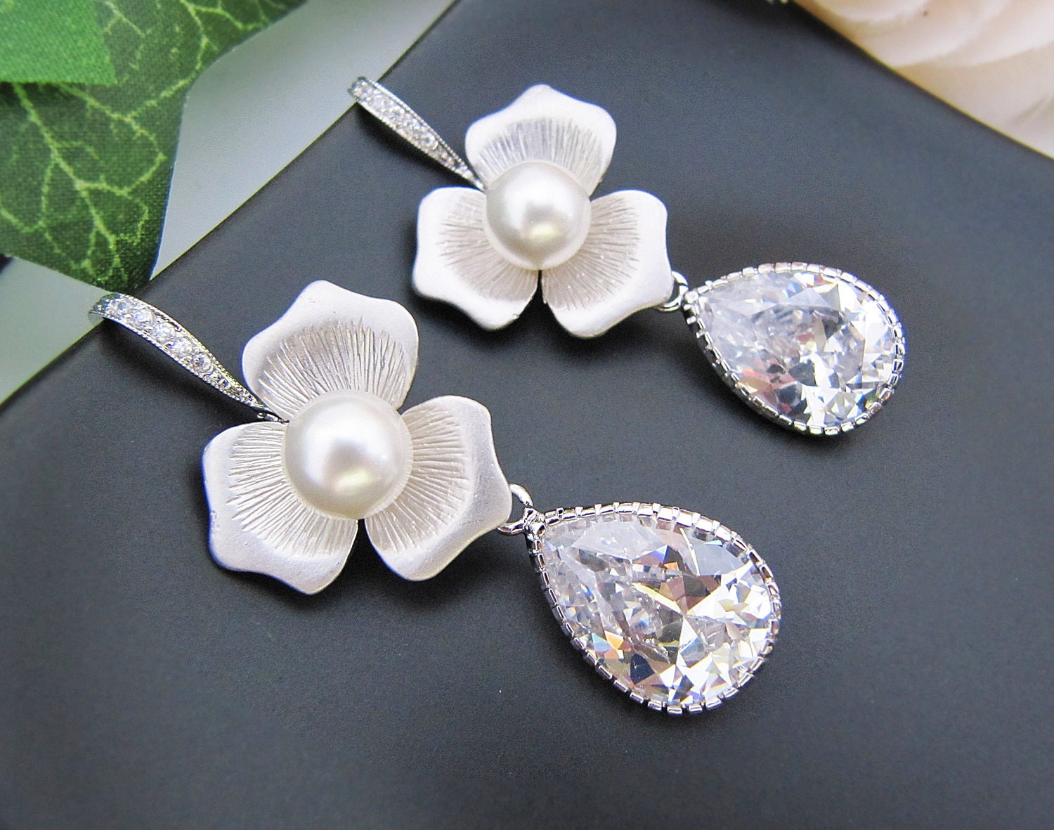 Bridal Earrings Bridesmaid Earrings Matte rodium plated flower with Crystal White Swarovski pearls and Cubic zirconia Tear drops