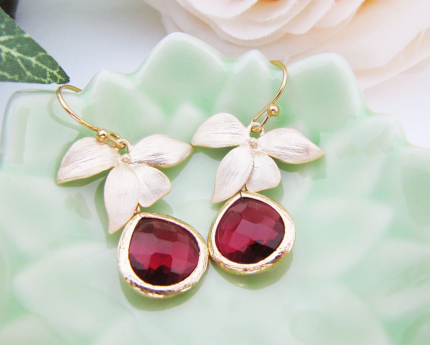 Matte Gold flower and Red Ruby Glass Drop Earrings . For Her. Gift for Her. Bridesmaid Earrings