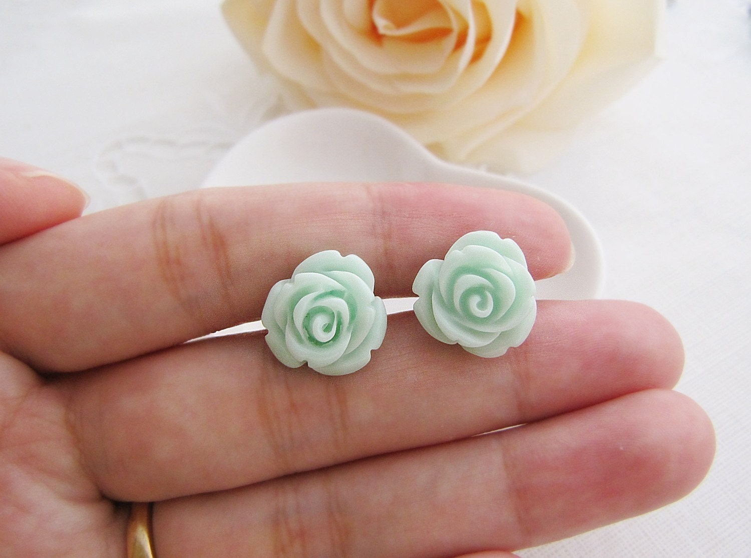 Light Mint Green Rose Cabochon Ear Studs
