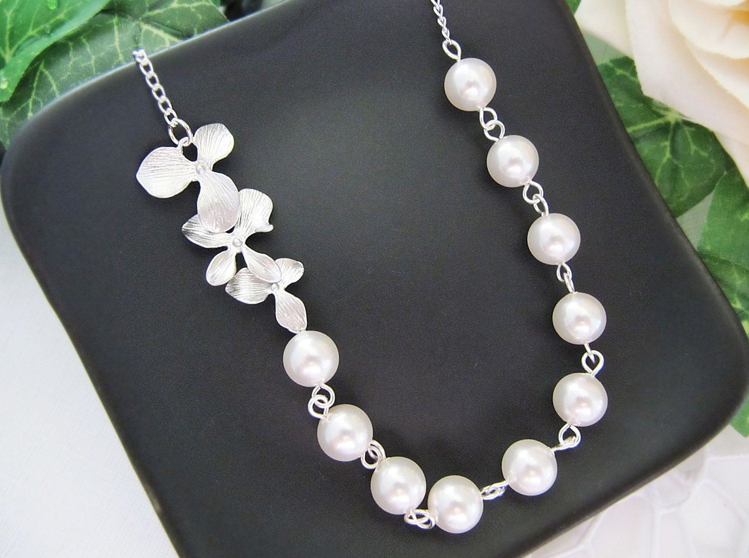 SET of 4 Wedding Jewelry Bridesmaid Necklace Matte rodium finish Orchid Trio Flower charm and Crystal White Swarovski Pearls Bridal Necklac