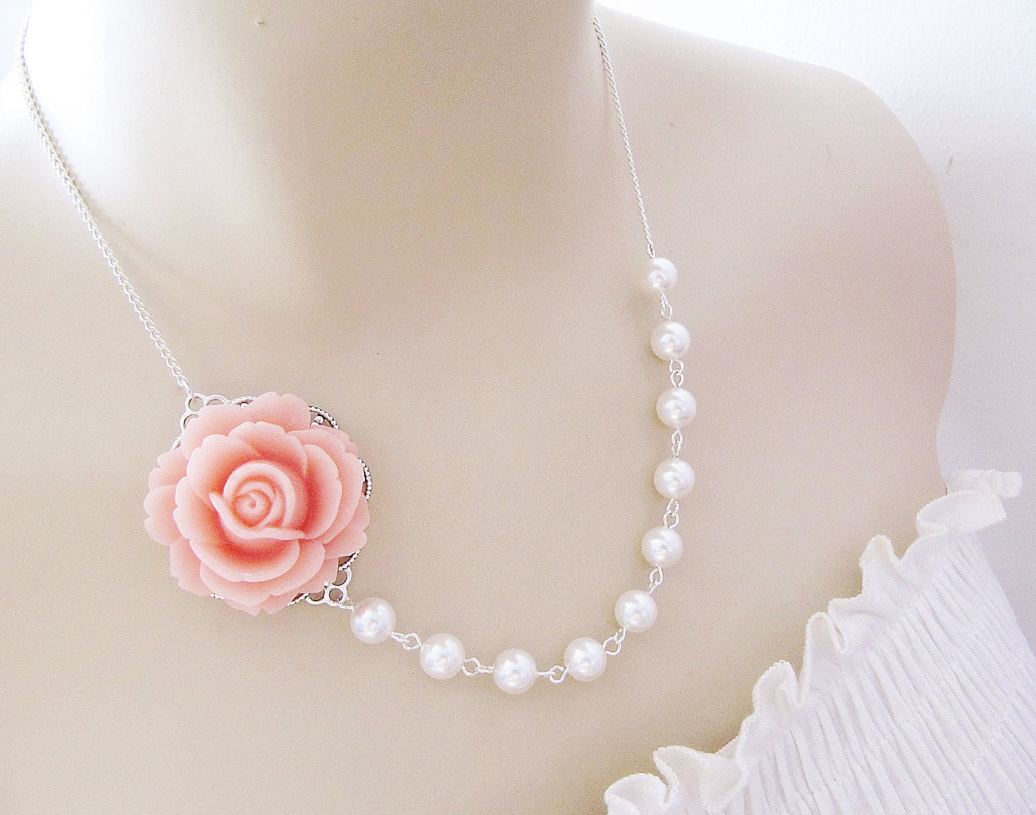Bridal Necklace Bridesmaid Necklace Romantic light pink Rose Flower Cabochon and Crystal White Swarovski Pearls