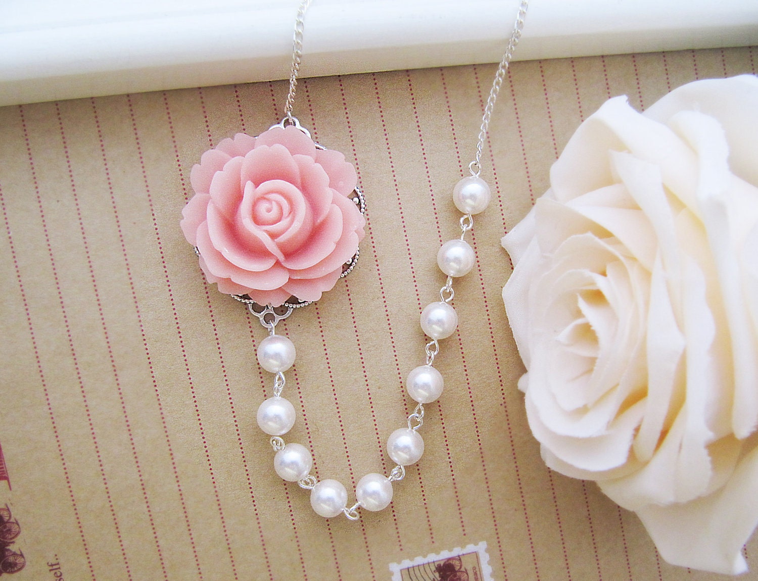 Bridal Necklace Bridesmaid Necklace Romantic light pink Rose Flower Cabochon and Crystal White Swarovski Pearls