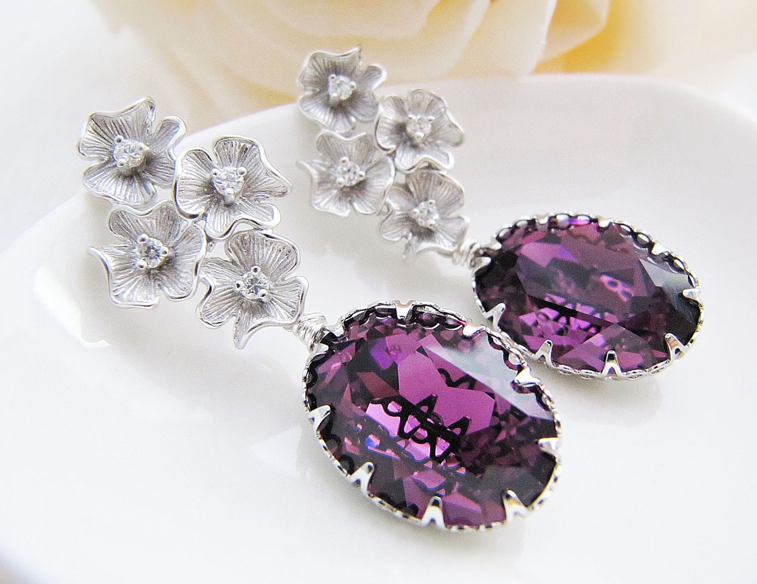 Bridal Earrings Matte rodium flower with cubic zirconia ear posts and Amethyst Swarovski Crystal Oval drops