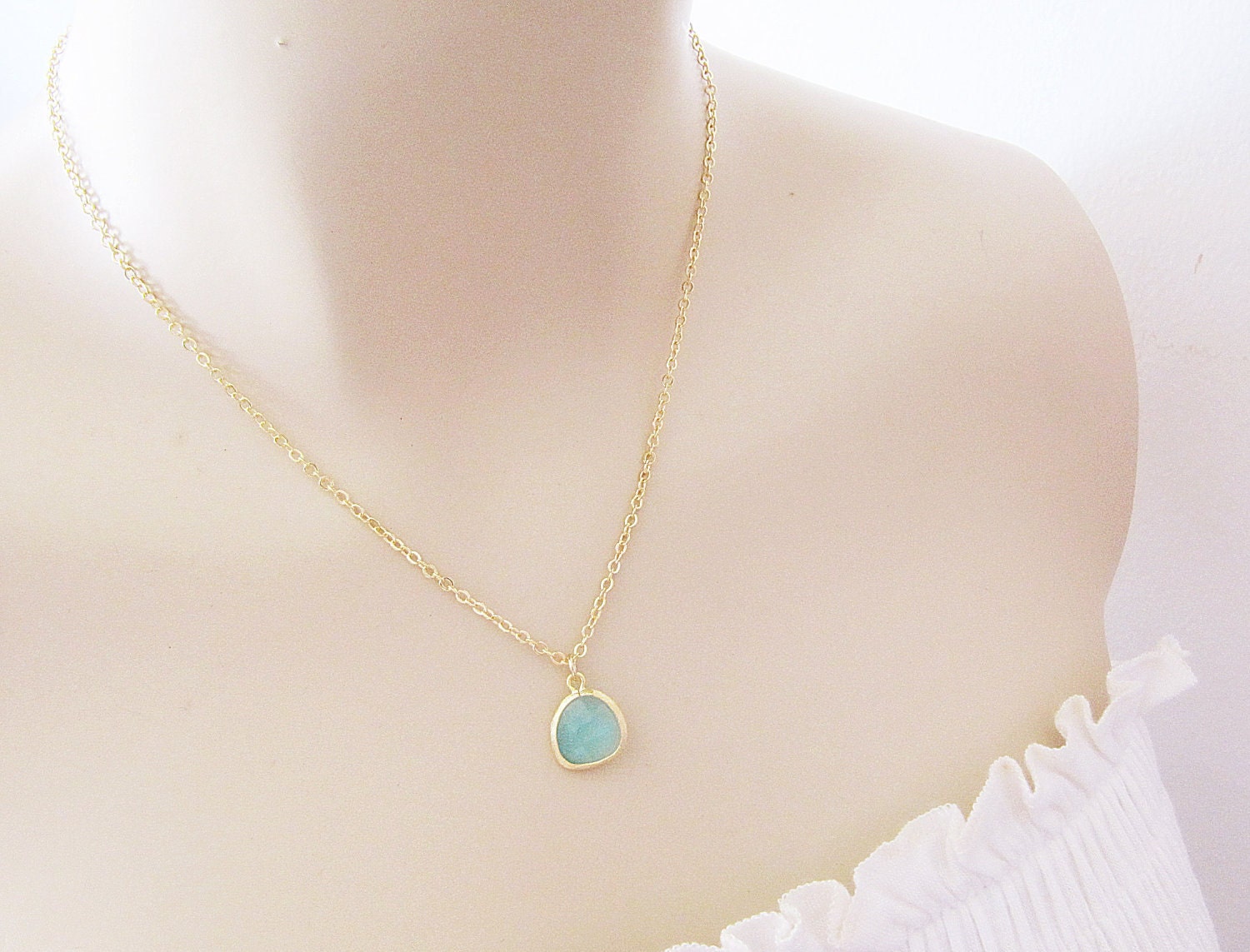 SET of 5 Wedding Jewelry Bridesmaid Necklaces Sweet simple - Sea foam glass drop with matte gold trimmed Necklace - Bridal Bridesmaid Gift
