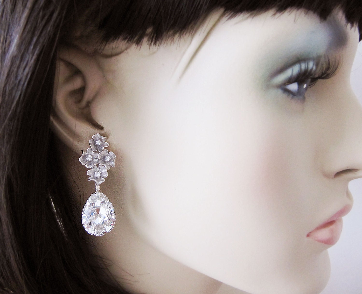 Wedding Jewelry Bridal Earrings Bridesmaid Earrings flower with cubic zirconia ear posts and Clear White Swarovski Crystal Tear drops