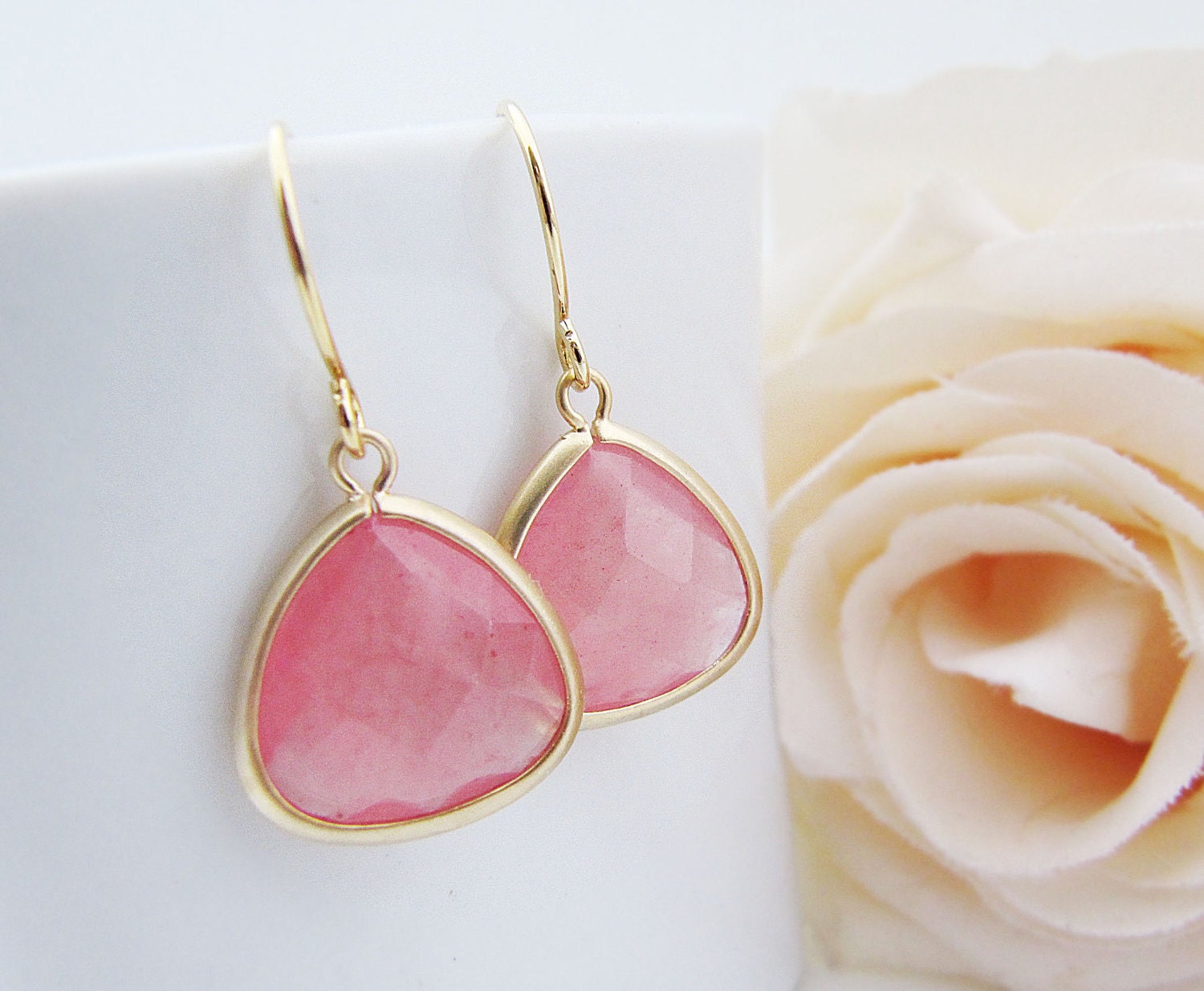SET of 5 Wedding Jewelry Bridesmaid Jewelry Bridal Earrings Bridesmaid Earrings Baby Pink Agate Matte Gold Trimmed Earrings