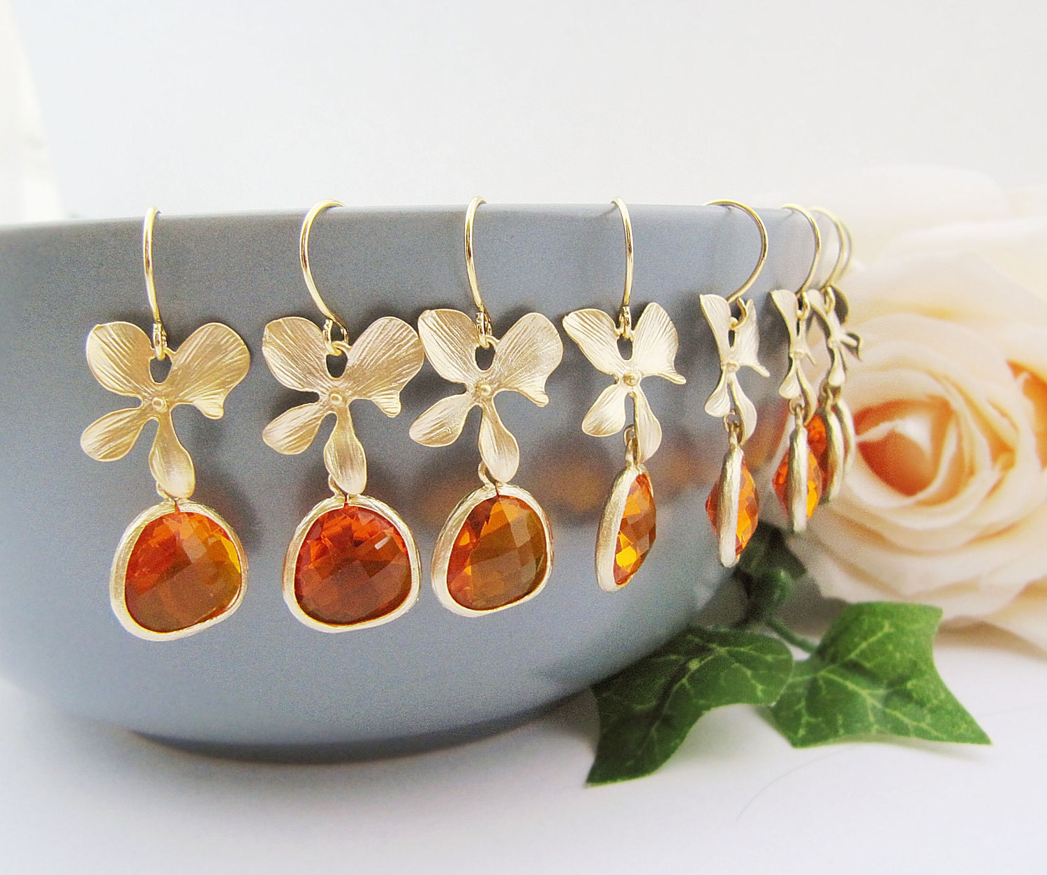 SET of 5 Wedding Jewelry Bridesmaid Jewelry Bridal Earrings Bridesmaid Earrings Matt Gold flower with orange glass Earrings