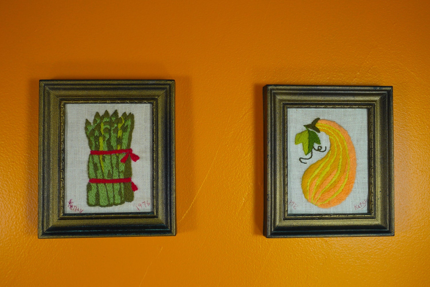 ON SALE - Vintage Asparagus and Squash Framed Needlework Pair 1976