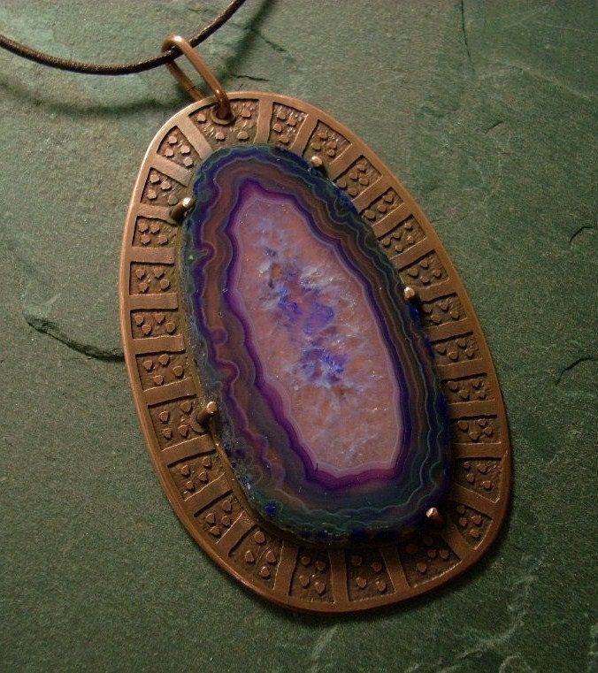 Etched Copper and Purple Agate Pendant Necklace Handmade OOAK