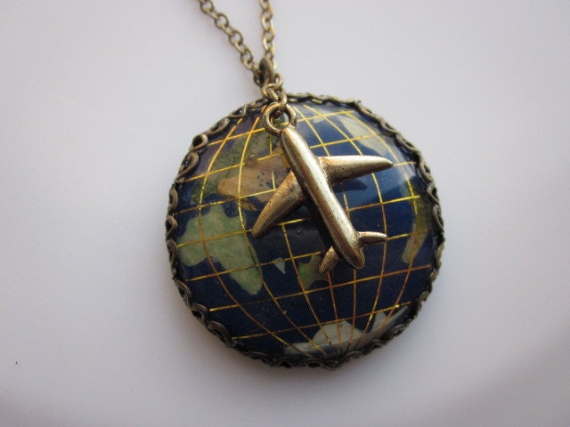 Travel the World. An Airplane and Globe Necklace. Earth Cameo Inlaid with Natural Gemstones and Shell. Long Necklace in Antique Gold Finish