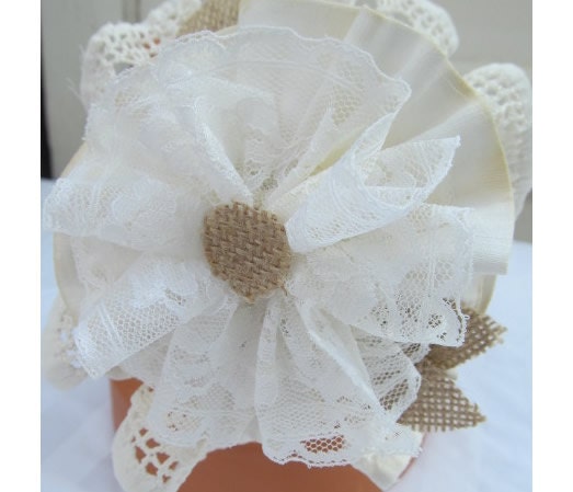 VINTAGE LACE & BURLAP Head Band with Large Fabric Floral Headband Hairbow Hair Bow Child Brown and White Tea Stained