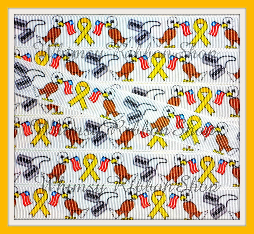 NEW 3 yards 7/8 Eagles DOG TAG Patriotic Troops yellow support Ribbon on White Grosgrain Ribbon july flag Hair bows Scrap booking usa