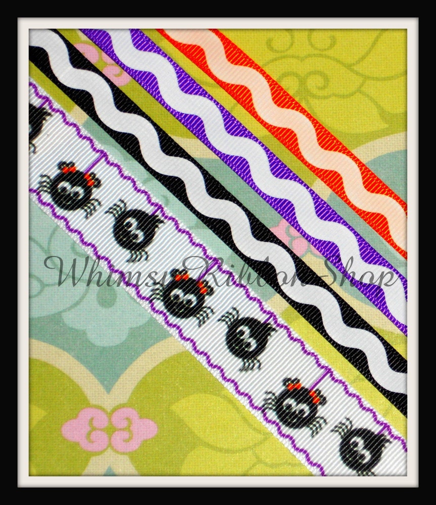 NEW 8 Yards 3/8 7/8 HALLOWEEN Black boy girl SPIDERS web purple orange waves ric rac on White Grosgrain Ribbon sewing hair bows 2 yds ea