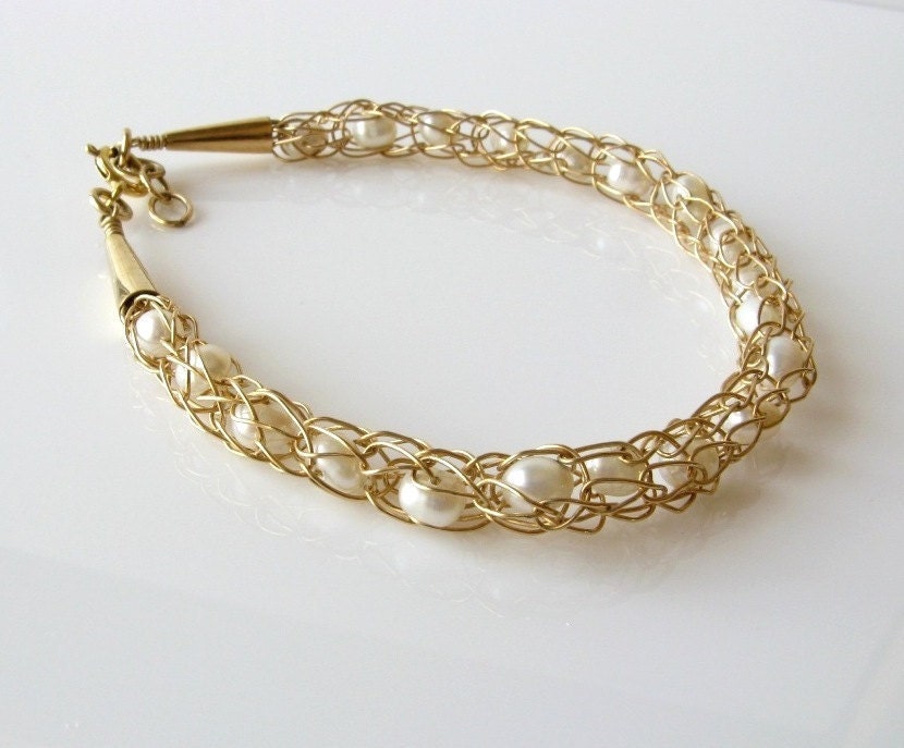 Gold wire crochet pearl bracelet bridal wedding on Etsy