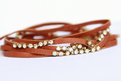 Upcycled Leather & Rhinestone Wrap Bracelet