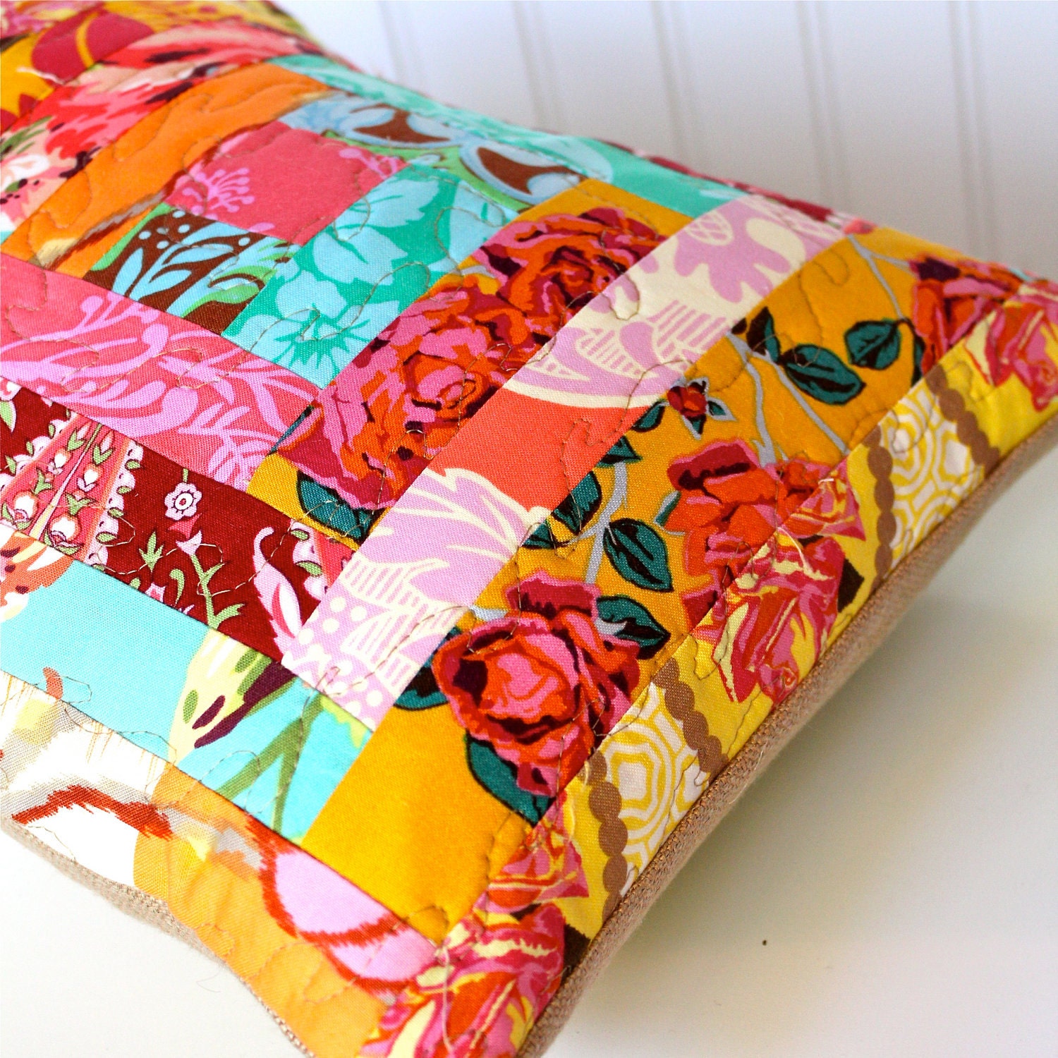 Popping Patchwork Pillow Cover, quilted exuberant color
