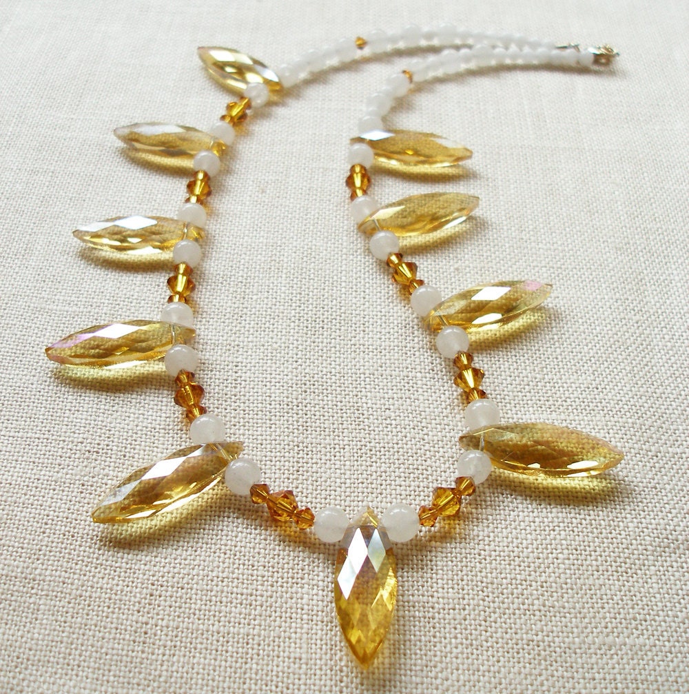 White Jade Necklace with Golden Crystals