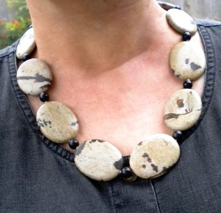 Necklace Earthtones Flower Picasso Jasper Black Obsidian