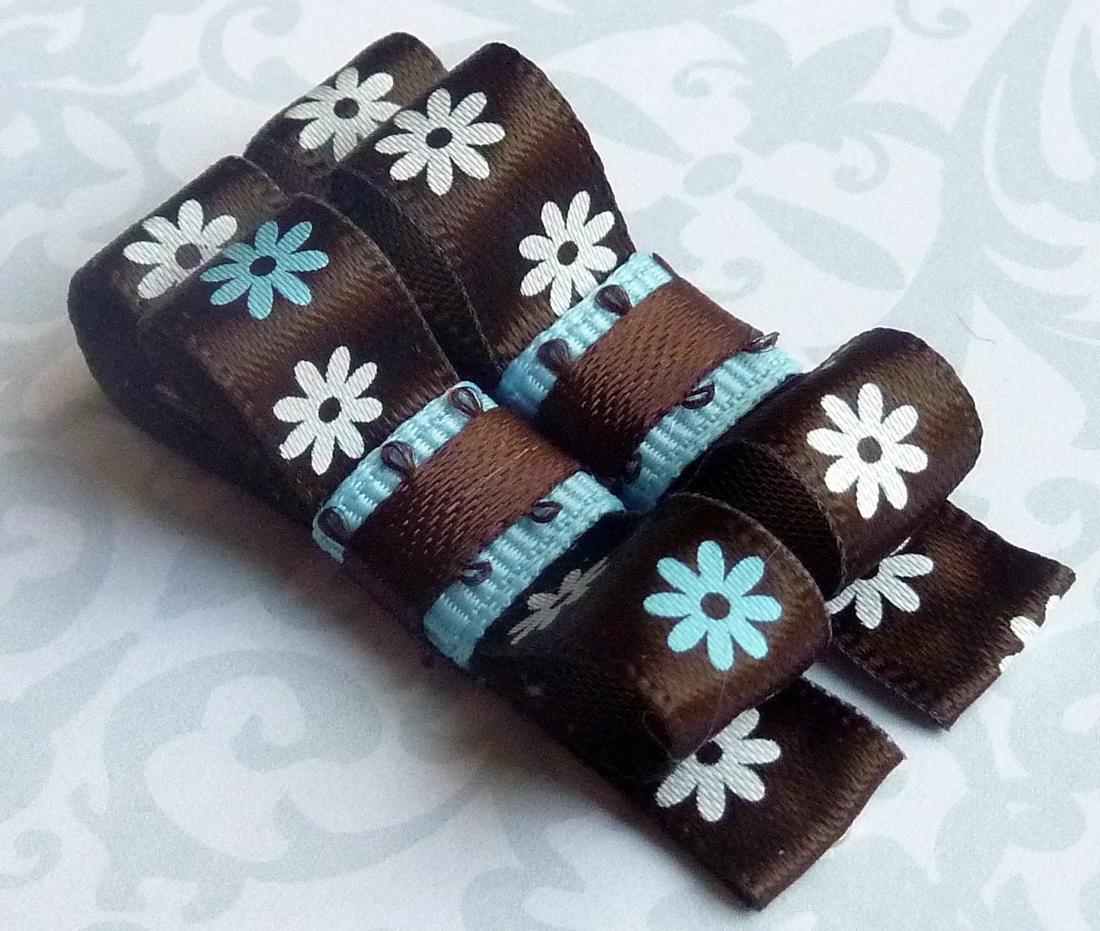 BUY 4 GET 1 FREE - DAISY DAISY (Blue n Brown) - Set of 2 Boutique Style Hair Bow Clips