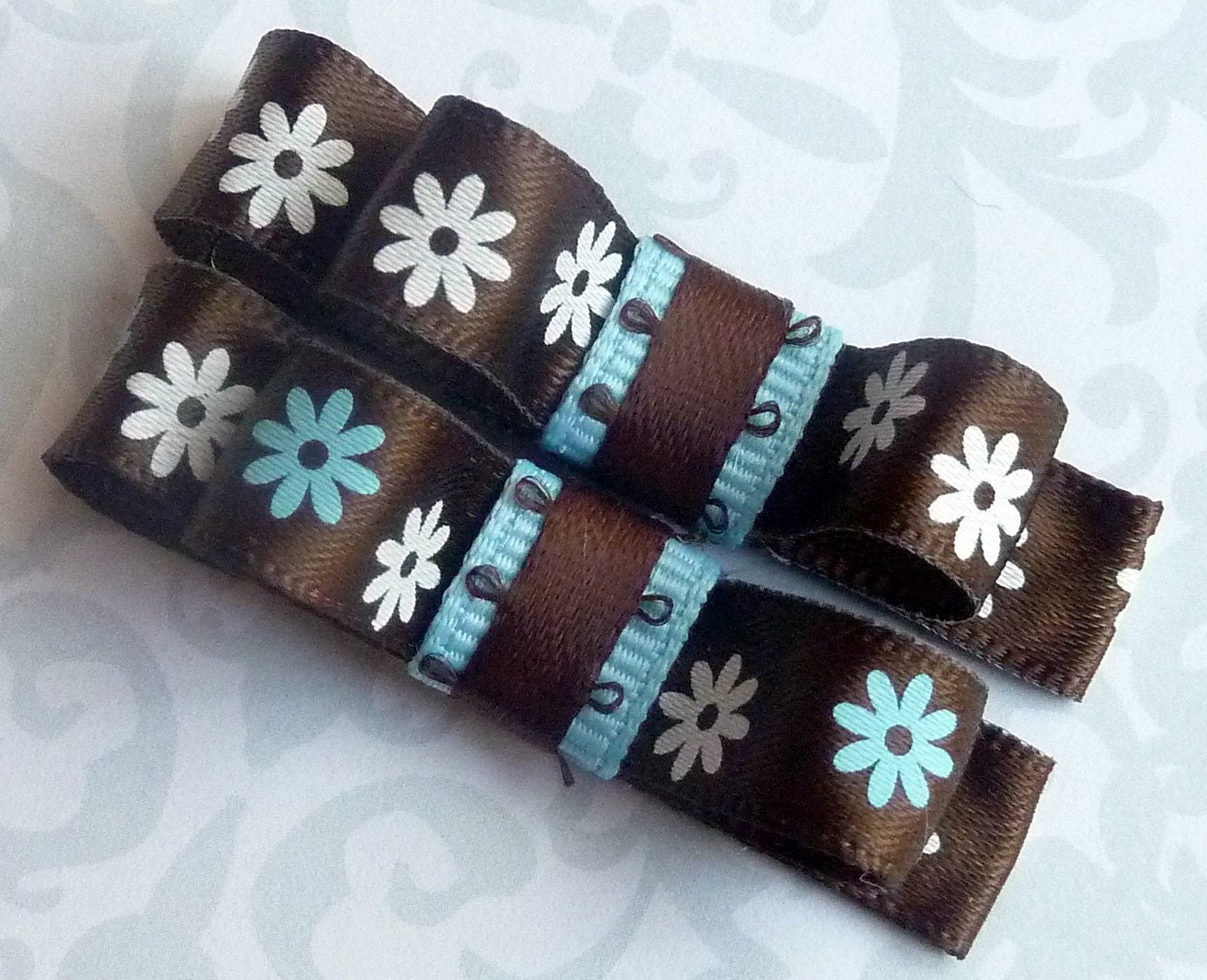 BUY 4 GET 1 FREE - DAISY DAISY (Blue n Brown) - Set of 2 Boutique Style Hair Bow Clips