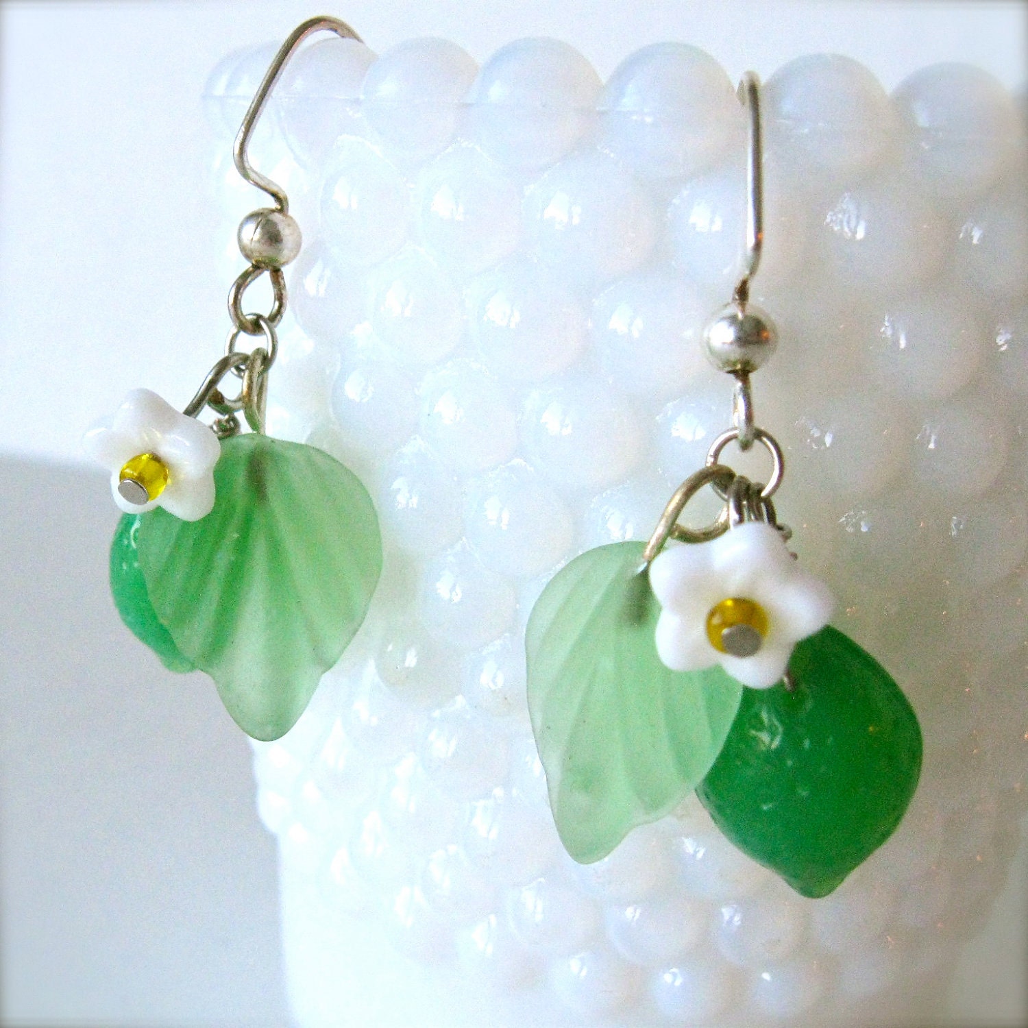 Lime earrings, fruit earrings, lime green czech glass with white blossom