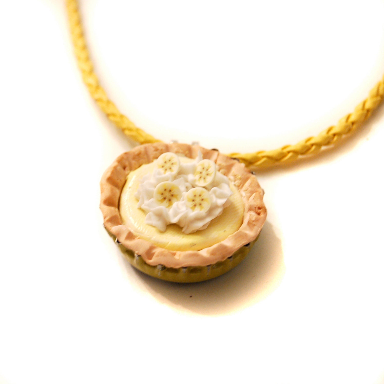 Banana cream pie polymer clay bottle cap necklace, food jewelry, kitsch