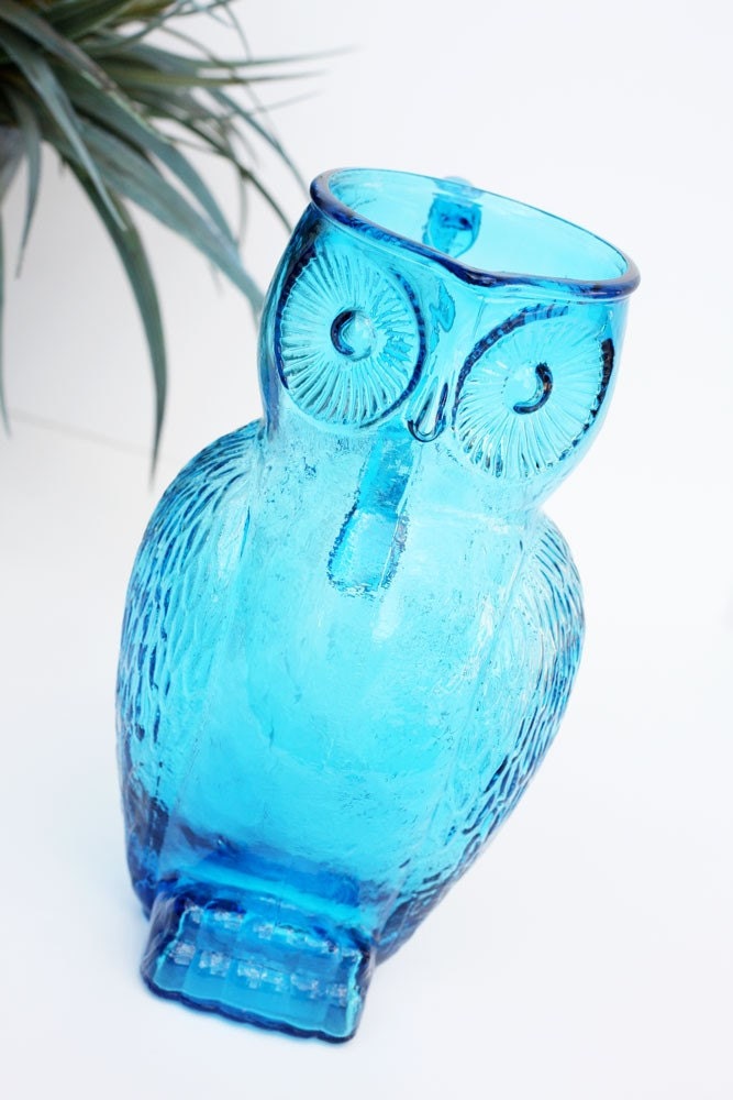Vintage Blue Glass Owl Pitcher