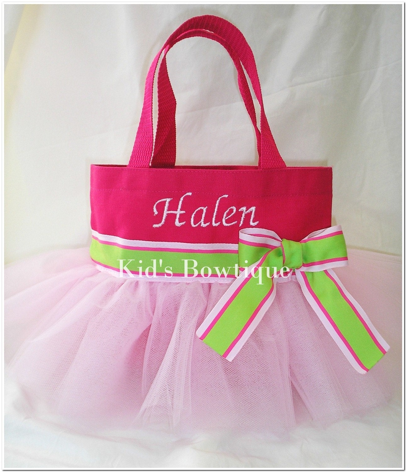 Monogrammed Pink and Lime Ribbon Tutu Bag