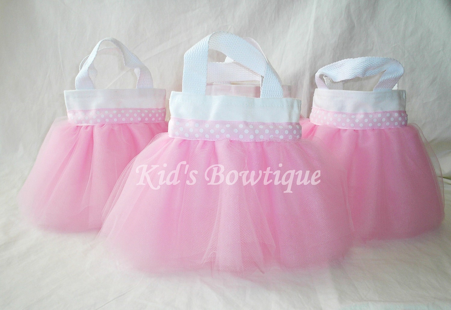 Set of 8 Polka Dots Ribbon with Pink Tulle Skirt Party Favor Bags