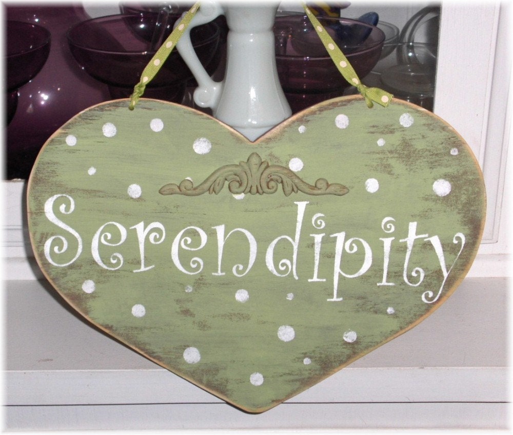Serendipity Sage Green Heart With White Polka Dots Shabby Cottage Wood Sign Custom Sign