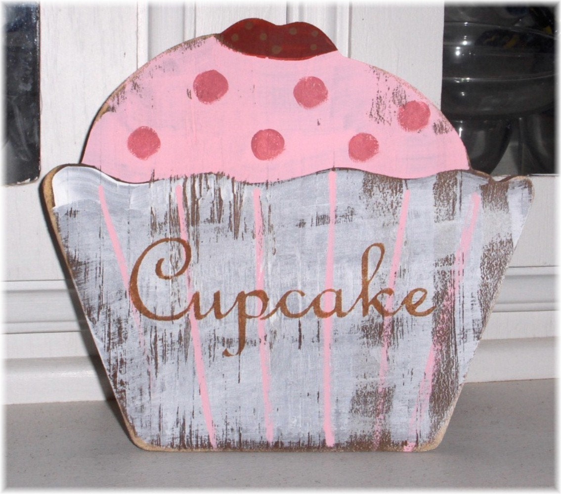Cupcake Shabby Cottage Pink Shelf Sitter Standing Wood Sign Chic Vintage Inspired Custom Signs Bakery Pastry