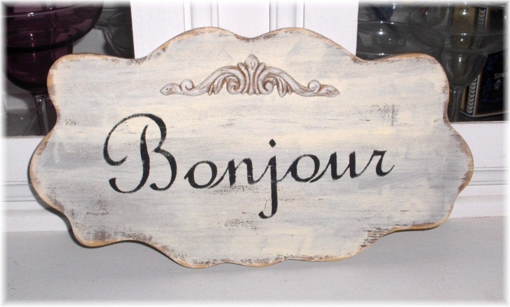 Bonjour Shabby Cottage Cream Large Wall Decoration Wood Sign Custom