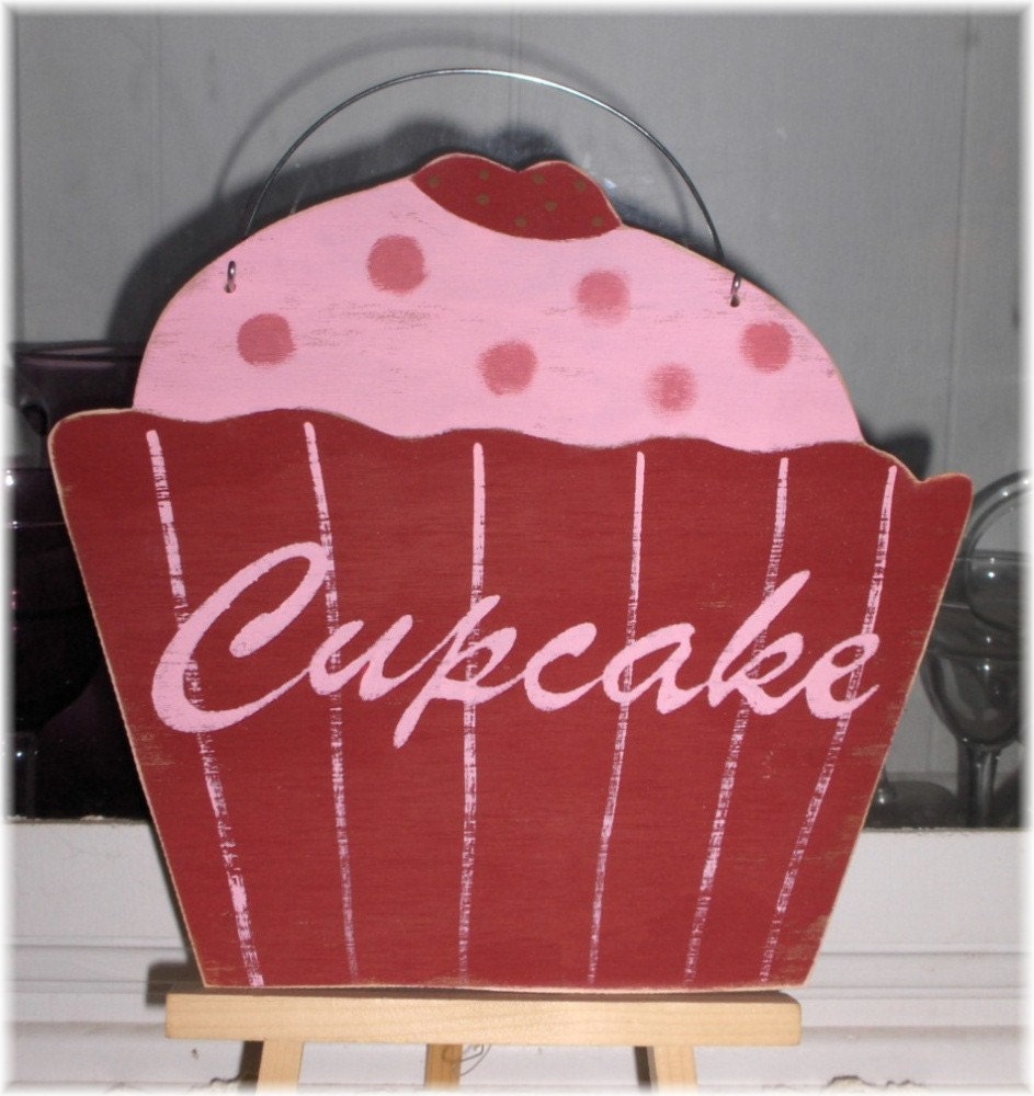 Cupcake Shabby Cottage Red & Pink Wood Sign Custom Kitchen Kids Room Birthday Photo Prop