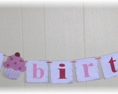 Happy Birthday Banner Garland Cupcake Red And Pink Shabby Chic Custom Wood Sign