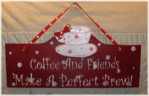 Coffee Cup Red Shabby Cottage Wood Sign Coffee & Friends Custom Wall Hanging