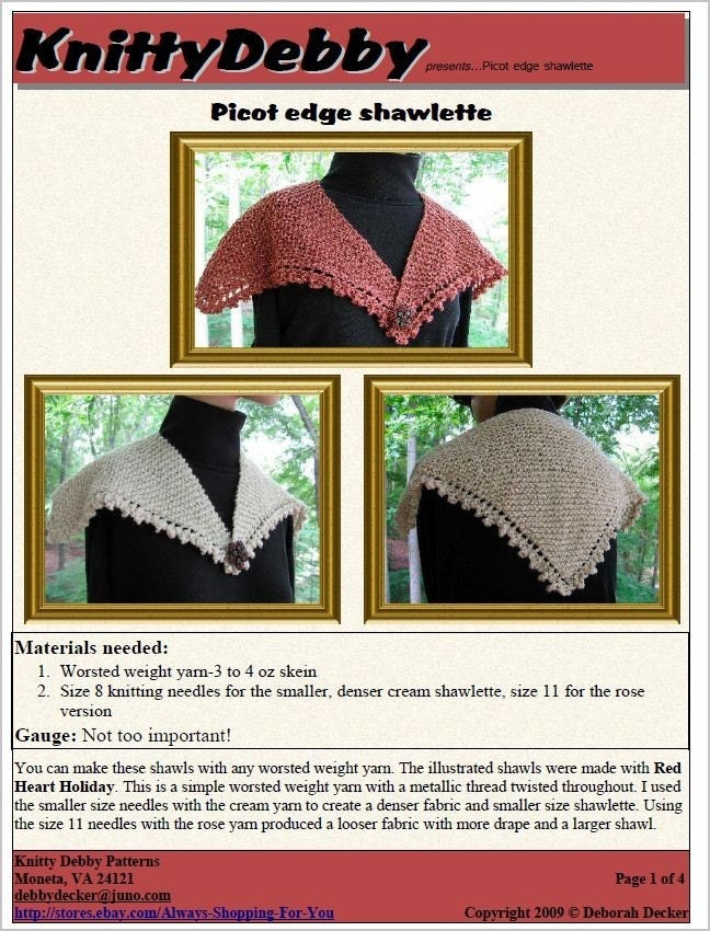 Picot edge knit shawl or collar EASY knitting pattern PDF