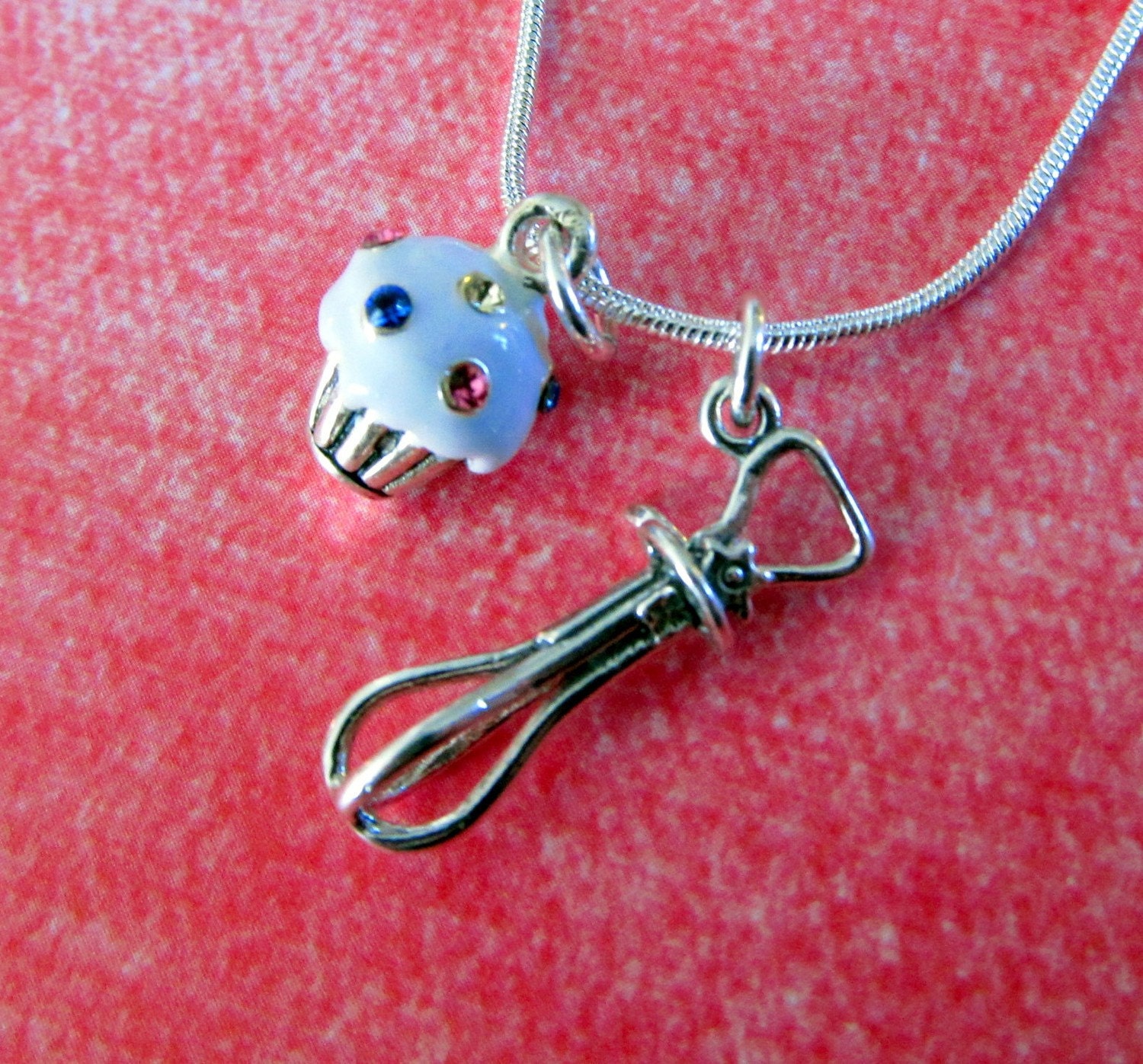 Sterling Silver Whisk and Swarovski Crystal Cupcake Charm Necklace