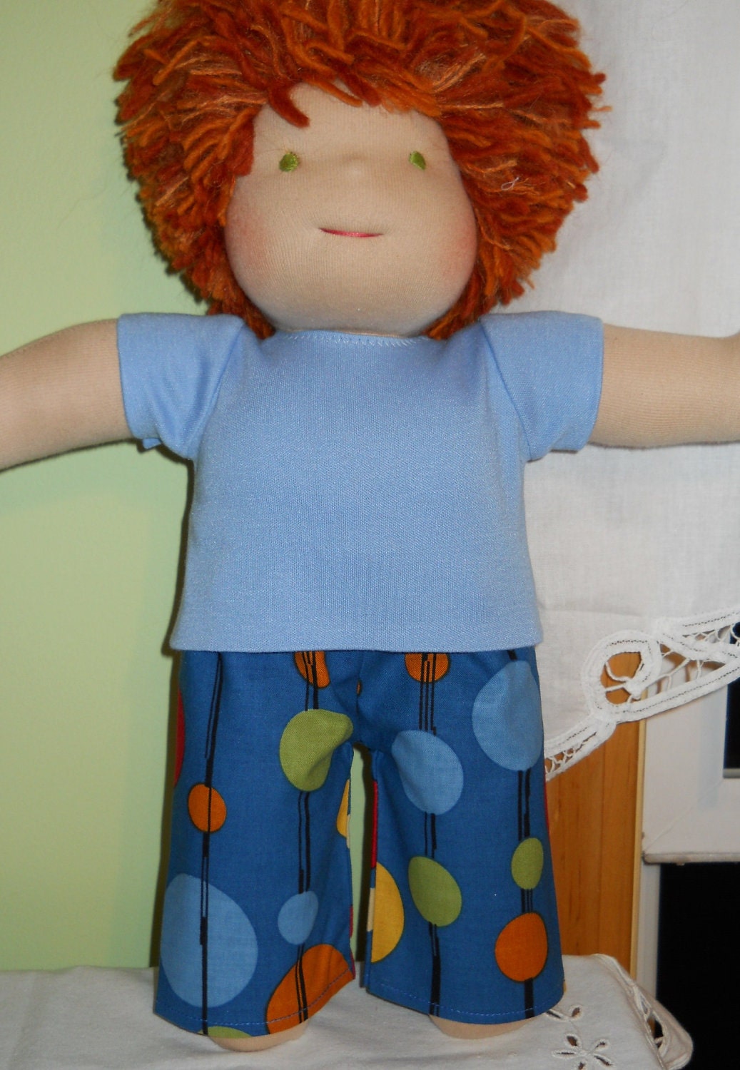 2-Pc. Boys Outfit - Blue Dot Pants and Blue T-shirt - Waldorf Doll Clothes - 15 Inch Bambo Size - B