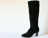 Tall Black Suede Leather Go-Go Boots, High Heeled Boots, Stacked Wooden Heel // Size 7