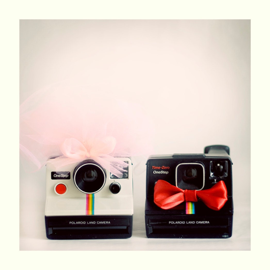 Just Married 5x5 Fine Art Print -- Wedding Valentine's Day Vintage Polaroid Cameras Bride Groom Home Decor