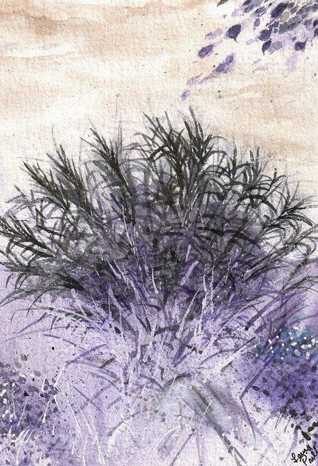 Purple Original Watercolor- Inverted Grasses Beige Background-Realistic Landscape-5x7
