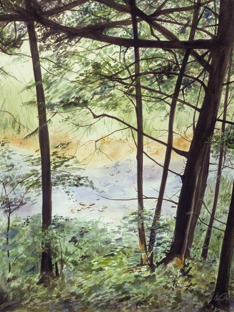 River Watercolor Reproduction-Delaware Realistic Landscape-5x7