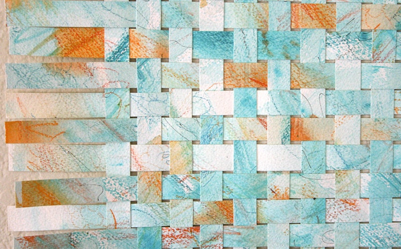 Turquoise Paper Weaving- Tangerine Blue Mint Abstract-Woven Art- Contemporary- Wedding Trend