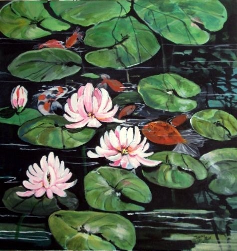Art Original Acrylic Painting, Fish Pond with lilies,Koi,Goldfish,lily Pads 20 x 20 canvas        I take CREDIT CARDS